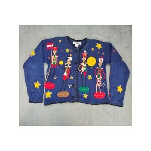 Vintage 90's Segue Toy Soldier Ugly Sweater Grannycore Blue Cardigan Medium